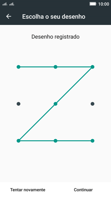 Mova os dedos na tela para conectar pelo menos quatro pontos, e pressione Continuar. Mova os dedos na tela para conectar pelo menos quatro pontos, e pressione Continuar.