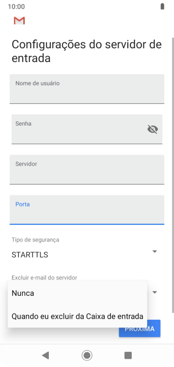Pressione Nunca para manter os e-mails no servidor, quando você apagá-los do celular. Pressione Nunca para manter os e-mails no servidor, quando você apagá-los do celular.