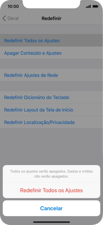Pressione Redefinir Todos os Ajustes. Pressione Redefinir Todos os Ajustes.