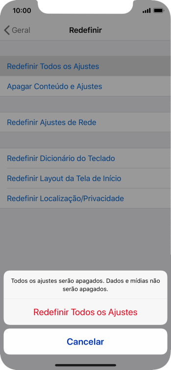 Pressione Redefinir Todos os Ajustes. Pressione Redefinir Todos os Ajustes.