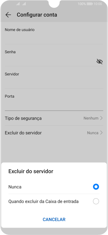 Pressione Nunca para manter os e-mails no servidor, quando você apagá-los do celular. Pressione Nunca para manter os e-mails no servidor, quando você apagá-los do celular.