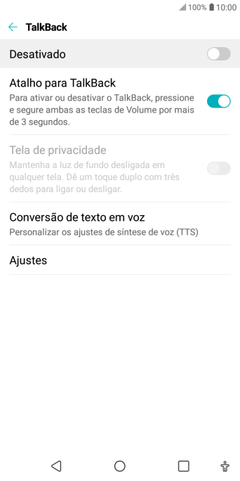Pressione Conversão de texto em voz, e siga as indicações da tela para configurar a velocidade e o tom de voz. Pressione Conversão de texto em voz, e siga as indicações da tela para configurar a velocidade e o tom de voz.
