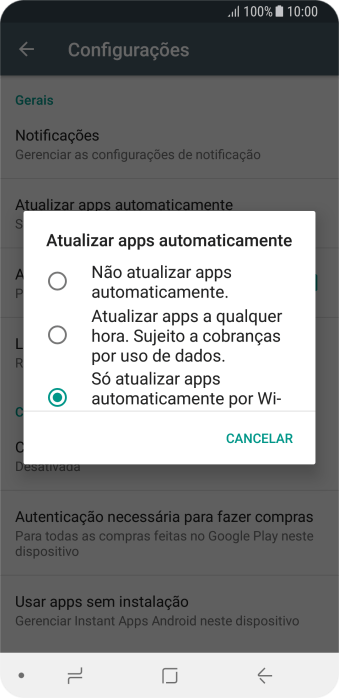 Para desativar a atualização automática de apps, você deve pressionar Não atualizar apps automaticamente.. Para desativar a atualização automática de apps, você deve pressionar Não atualizar apps automaticamente..