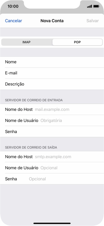 Pressione Nome do Host, e insira o nome do servidor de entrada do seu provedor de e-mails. Pressione Nome do Host, e insira o nome do servidor de entrada do seu provedor de e-mails.