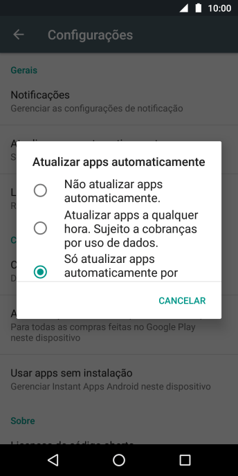 Para desativar a atualização automática de apps, você deve pressionar Não atualizar apps automaticamente.. Para desativar a atualização automática de apps, você deve pressionar Não atualizar apps automaticamente..