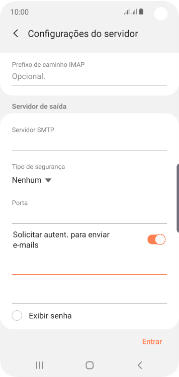Pressione o campo da senha, e insira a senha do servidor de saída do seu provedor de e-mails. Pressione o campo da senha, e insira a senha do servidor de saída do seu provedor de e-mails.
