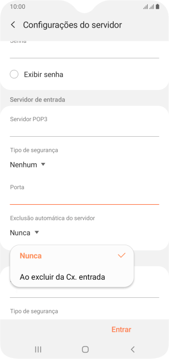 Pressione Nunca para manter os e-mails no servidor, quando você apagá-los do celular. Pressione Nunca para manter os e-mails no servidor, quando você apagá-los do celular.