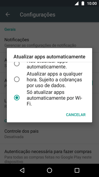 Para ativar a atualização automática de apps via Wi-Fi, você deve pressionar Só atualizar apps automaticamente por Wi-Fi.. Para ativar a atualização automática de apps via Wi-Fi, você deve pressionar Só atualizar apps automaticamente por Wi-Fi..