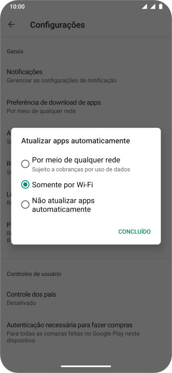 Para ativar a atualização automática de apps via rede celular, você deve pressionar Por meio de qualquer rede. Para ativar a atualização automática de apps via rede celular, você deve pressionar Por meio de qualquer rede.