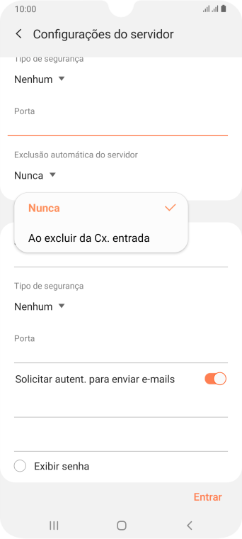Pressione Nunca para manter os e-mails no servidor, quando você apagá-los do celular. Pressione Nunca para manter os e-mails no servidor, quando você apagá-los do celular.