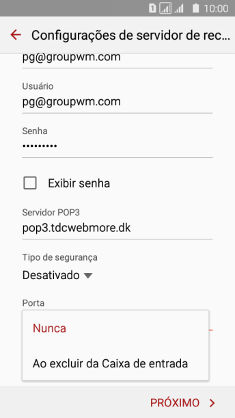 Pressione Nunca para manter os e-mails no servidor, quando você apagá-los do celular. Pressione Nunca para manter os e-mails no servidor, quando você apagá-los do celular.