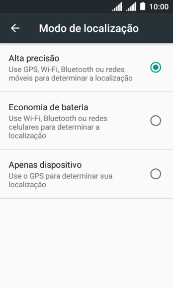 Se você selecionar Alta precisão, o seu celular poderá encontrar sua posição precisa com ajuda dos satélites GPS, rede celular e e da rede Wi-Fi próximos à você. Se você selecionar Alta precisão, o seu celular poderá encontrar sua posição precisa com ajuda dos satélites GPS, rede celular e e da rede Wi-Fi próximos à você.