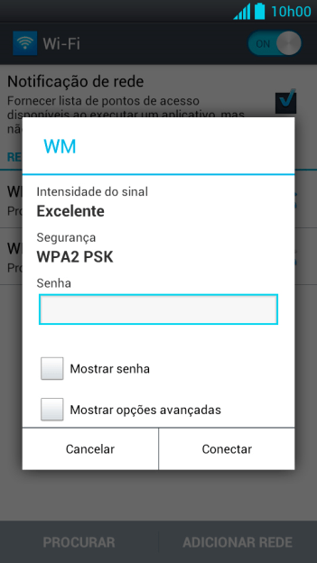 Digite a senha da sua conta da rede Wi-Fi, e pressione Conectar. Digite a senha da sua conta da rede Wi-Fi, e pressione Conectar.