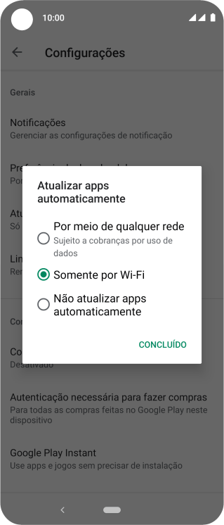 Para ativar a atualização automática de apps via rede celular, você deve pressionar Por meio de qualquer rede. Para ativar a atualização automática de apps via rede celular, você deve pressionar Por meio de qualquer rede.