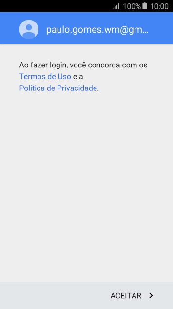 Pressione ACEITAR, e siga as indicações da tela para selecionar as configurações da sua conta Google. Pressione ACEITAR, e siga as indicações da tela para selecionar as configurações da sua conta Google.