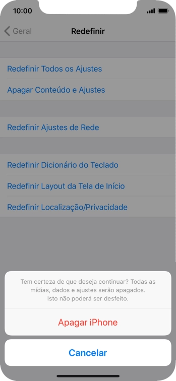 Pressione Apagar iPhone. Aguarde um instante, enquanto o celular restaura as configurações padrão. Siga as indicações do visor para configurar o celular, e deixá-lo pronto para uso. Pressione Apagar iPhone. Aguarde um instante, enquanto o celular restaura as configurações padrão. Siga as indicações do visor para configurar o celular, e deixá-lo pronto para uso.