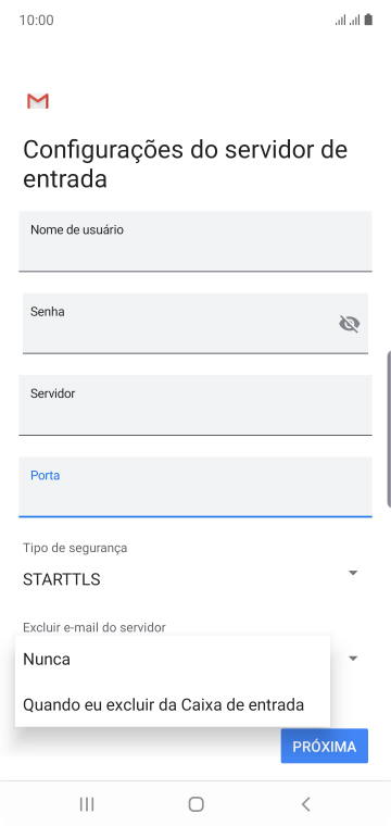 Pressione Nunca para manter os e-mails no servidor, quando você apagá-los do celular. Pressione Nunca para manter os e-mails no servidor, quando você apagá-los do celular.