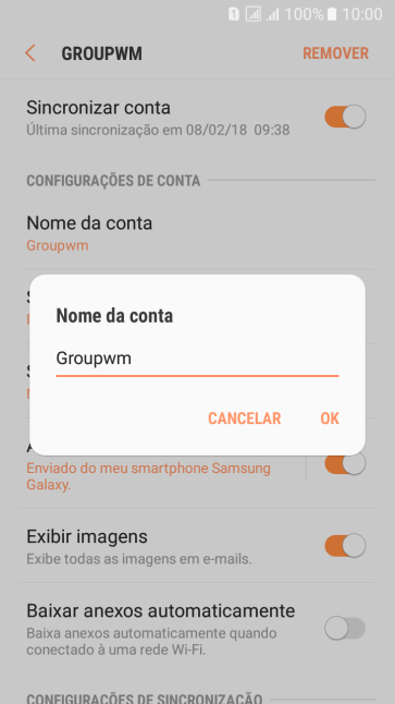 Digite o nome da conta de e-mail, e pressione OK. Digite o nome da conta de e-mail, e pressione OK.