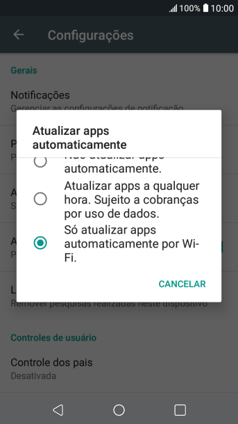 Para ativar a atualização automática de apps via Wi-Fi, você deve pressionar Só atualizar apps automaticamente por Wi-Fi. Para ativar a atualização automática de apps via Wi-Fi, você deve pressionar Só atualizar apps automaticamente por Wi-Fi.