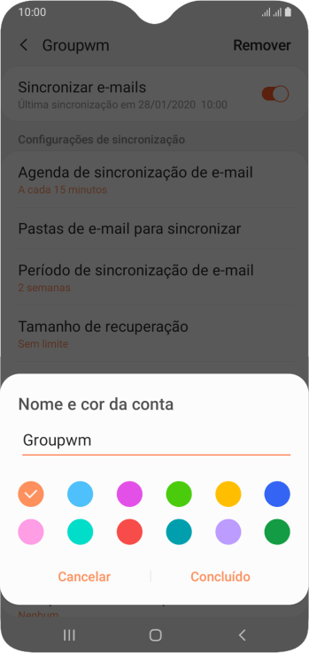 Digite o nome da conta de e-mail, e pressione Concluído. Digite o nome da conta de e-mail, e pressione Concluído.