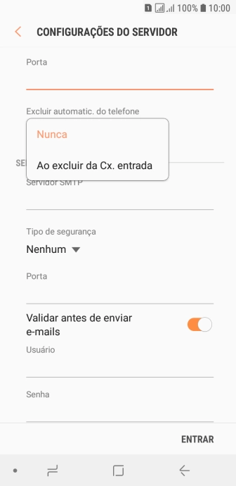 Pressione Nunca para manter os e-mails no servidor, quando você apagá-los do celular. Pressione Nunca para manter os e-mails no servidor, quando você apagá-los do celular.