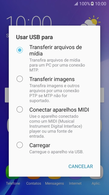 Pressione Transferir arquivos de mídia para ativar a função. Pressione Transferir arquivos de mídia para ativar a função.