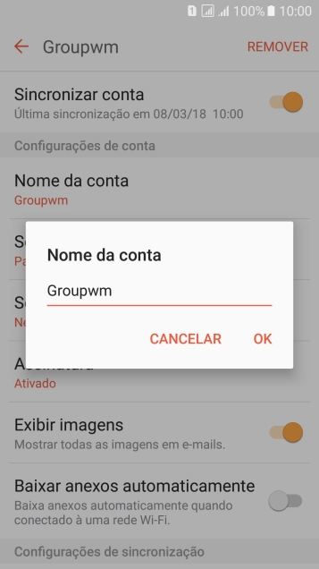 Digite o nome da conta de e-mail, e pressione OK. Digite o nome da conta de e-mail, e pressione OK.