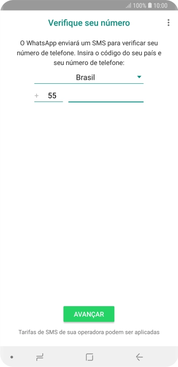 Pressione AVANÇAR. Aguarde até que o celular receba uma SMS para confirmar seu número de telefone. Pressione AVANÇAR. Aguarde até que o celular receba uma SMS para confirmar seu número de telefone.