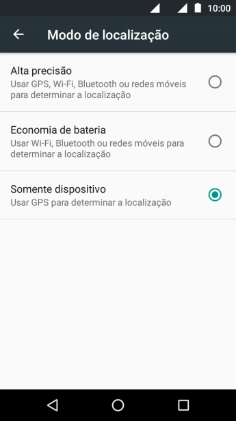 Se você selecionar Alta precisão, o seu celular poderá encontrar sua posição precisa com ajuda dos satélites GPS, rede celular e e da rede Wi-Fi próximos à você. O GPS via satélite requer uma visão livre para o céu. Se você selecionar Alta precisão, o seu celular poderá encontrar sua posição precisa com ajuda dos satélites GPS, rede celular e e da rede Wi-Fi próximos à você. O GPS via satélite requer uma visão livre para o céu.