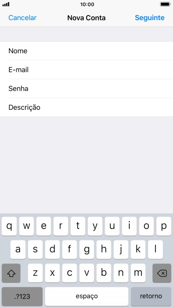 Pressione Descrição, e digite o nome da conta de e-mail. Pressione Descrição, e digite o nome da conta de e-mail.