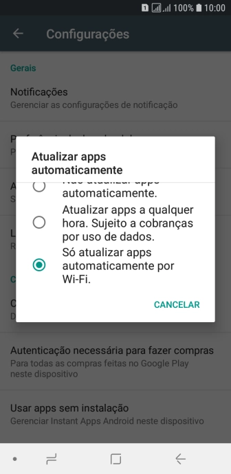 Para ativar a atualização automática de apps via Wi-Fi, você deve pressionar Só atualizar apps automaticamente por Wi-Fi.. Para ativar a atualização automática de apps via Wi-Fi, você deve pressionar Só atualizar apps automaticamente por Wi-Fi..