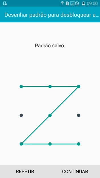 Mova os dedos na tela para conectar pelo menos quatro pontos, e pressione CONTINUAR. Mova os dedos na tela para conectar pelo menos quatro pontos, e pressione CONTINUAR.