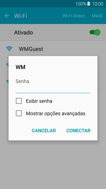 Digite a senha da sua conta da rede Wi-Fi, e pressione CONECTAR. Digite a senha da sua conta da rede Wi-Fi, e pressione CONECTAR.