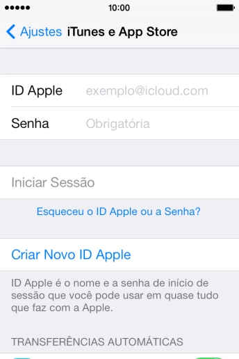 Pressione ID Apple, e digite o nome de usuário do seu ID Apple. Pressione ID Apple, e digite o nome de usuário do seu ID Apple.