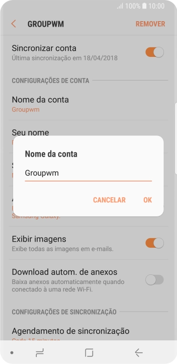 Digite o nome da conta de e-mail, e pressione OK. Digite o nome da conta de e-mail, e pressione OK.
