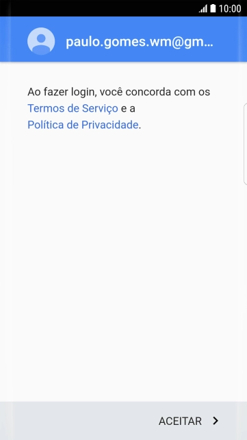 Pressione ACEITAR, e siga as indicações da tela para selecionar as configurações da sua conta Google. Pressione ACEITAR, e siga as indicações da tela para selecionar as configurações da sua conta Google.