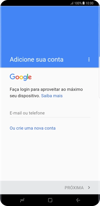 Se você não tiver uma conta Google, deve pressionar Ou crie uma nova conta, e seguir as instruções da tela para instalar uma conta. Se você não tiver uma conta Google, deve pressionar Ou crie uma nova conta, e seguir as instruções da tela para instalar uma conta.