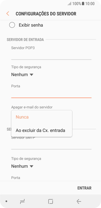 Pressione Nunca para manter os e-mails no servidor, quando você apagá-los do celular. Pressione Nunca para manter os e-mails no servidor, quando você apagá-los do celular.