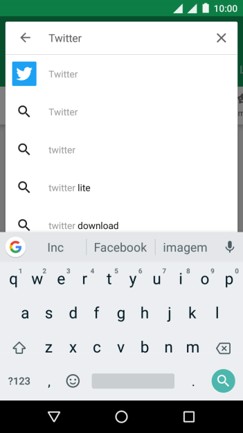 Digite Twitter, e pressione o ícone de busca. Digite Twitter, e pressione o ícone de busca.
