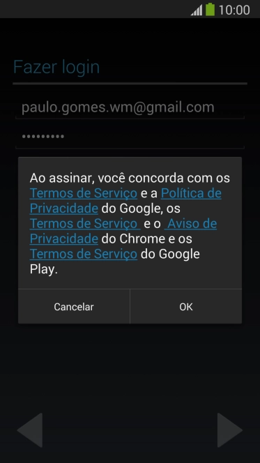 Pressione OK, e siga as indicações da tela para selecionar as configurações da sua conta Google. Pressione OK, e siga as indicações da tela para selecionar as configurações da sua conta Google.
