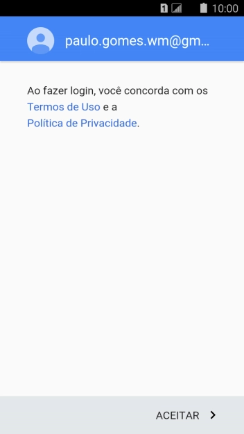 Pressione ACEITAR, e siga as indicações da tela para selecionar as configurações da sua conta Google. Pressione ACEITAR, e siga as indicações da tela para selecionar as configurações da sua conta Google.