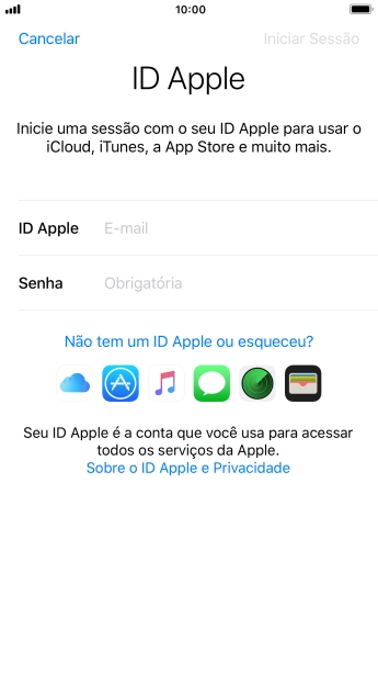 Se você não tiver um ID Apple, deve pressionar Não tem um ID Apple ou esqueceu?, e seguir as instruções da tela para instalá-lo. Se você não tiver um ID Apple, deve pressionar Não tem um ID Apple ou esqueceu?, e seguir as instruções da tela para instalá-lo.
