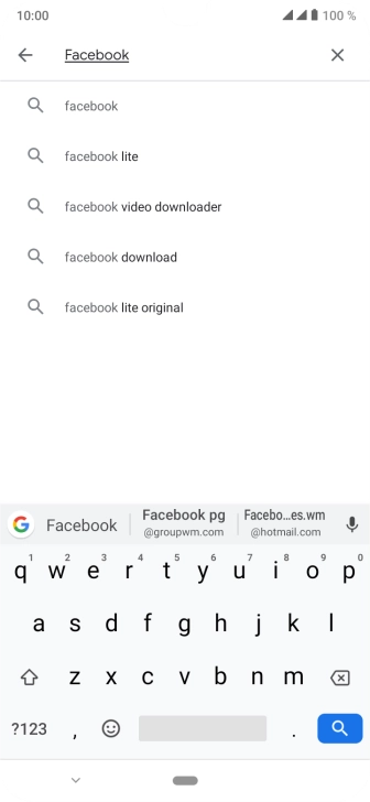 Digite Facebook e pressione o ícone de busca. Digite Facebook e pressione o ícone de busca.