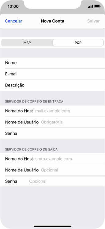 Pressione Nome do Host, e insira o nome do servidor de entrada do seu provedor de e-mails. Pressione Nome do Host, e insira o nome do servidor de entrada do seu provedor de e-mails.