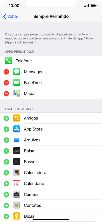 Pressione o ícone de adicionar ao lado do app desejado para adicioná-lo à lista de apps permitidos no Repouso. Pressione o ícone de adicionar ao lado do app desejado para adicioná-lo à lista de apps permitidos no Repouso.