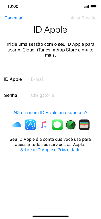 Se você não tiver um ID Apple, deve pressionar Não tem um ID Apple ou esqueceu?, e seguir as instruções da tela para instalá-lo. Se você não tiver um ID Apple, deve pressionar Não tem um ID Apple ou esqueceu?, e seguir as instruções da tela para instalá-lo.