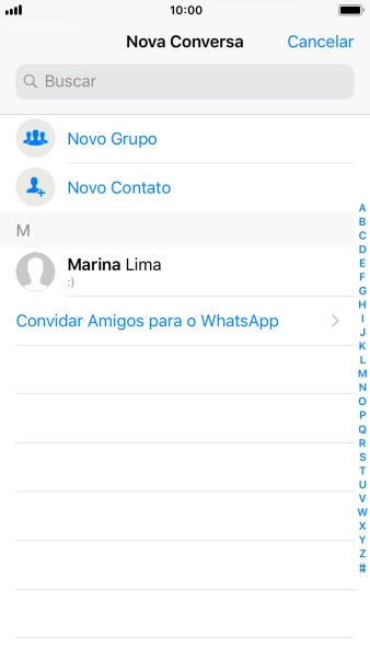 Pressione o campo de busca, e digite as primeiras letras do nome do contato. Pressione o campo de busca, e digite as primeiras letras do nome do contato.