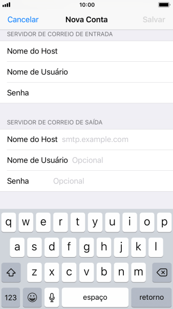 Pressione Nome do Host, e insira o nome do servidor de saída do seu provedor de e-mails. Pressione Nome do Host, e insira o nome do servidor de saída do seu provedor de e-mails.