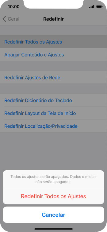 Pressione Redefinir Todos os Ajustes. Pressione Redefinir Todos os Ajustes.