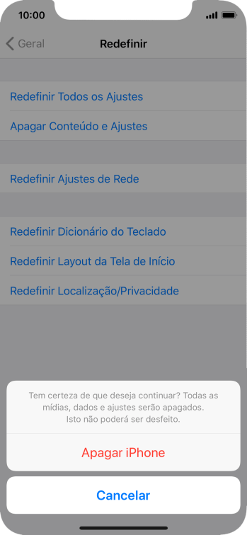 Pressione Apagar iPhone. Aguarde um instante, enquanto o celular restaura as configurações padrão. Siga as indicações do visor para configurar o celular, e deixá-lo pronto para uso. Pressione Apagar iPhone. Aguarde um instante, enquanto o celular restaura as configurações padrão. Siga as indicações do visor para configurar o celular, e deixá-lo pronto para uso.